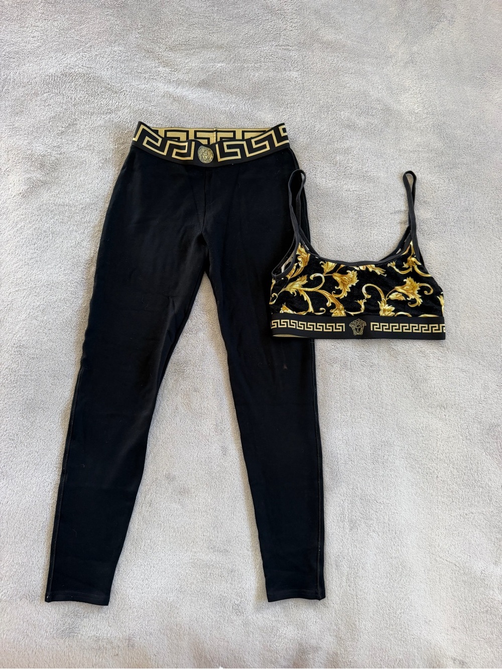 Versace Women’s Logo Black Logo Greca Border Leggings and Top Set Size S
